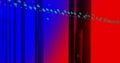 Colorful data points and numbers image over abstract red and blue background
