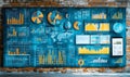 various types of business charts and graphs displayed on a large blue board mounted on a brick wall showing data analysis and stat Royalty Free Stock Photo