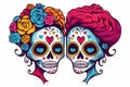 Colorful day of the dead skulls in love