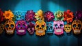 Colorful Day of the Dead skulls and Papel Picado, a festive Mexican fiesta Royalty Free Stock Photo