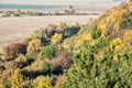 Colorful decidious and coniferous forest with fields in autunm t Royalty Free Stock Photo