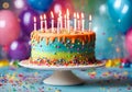 Colorful decorated birthday cake with lit colored candles.