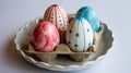 Colorful decorated Easter eggs in ceramic bowl festive holiday display Royalty Free Stock Photo