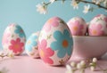 Colorful decorated Easter eggs with floral patterns on a pastel background Royalty Free Stock Photo