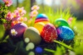 Colorful decorated easter eggs in fresh green grass with spring flowers, sunny garden, meadow, morning light Royalty Free Stock Photo