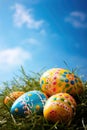 colorful decorated easter eggs in the grass on blue sky background. Easter concept Royalty Free Stock Photo