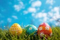 colorful decorated easter eggs in the grass on blue sky background. Easter concept Royalty Free Stock Photo