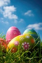 colorful decorated easter eggs in the grass on blue sky background. Easter concept Royalty Free Stock Photo