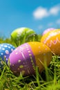 colorful decorated easter eggs in the grass on blue sky background. Easter concept Royalty Free Stock Photo