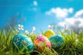 colorful decorated easter eggs in the grass on blue sky background. Easter concept Royalty Free Stock Photo