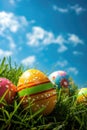 colorful decorated easter eggs in the grass on blue sky background. Easter concept Royalty Free Stock Photo