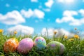 colorful decorated easter eggs in the grass on blue sky background. Easter concept Royalty Free Stock Photo