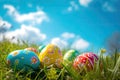 colorful decorated easter eggs in the grass on blue sky background. Easter concept Royalty Free Stock Photo