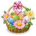 Easter Eggs Decorated and Colorful in a Basket with Spring Flowers