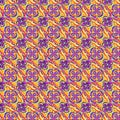 Vivid seamless floral symmetrical pattern in mauve and black over yellow background