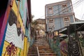 Colorful decorated houses and steps in the UNESCO World Heritage port city of Valparaiso in Chile