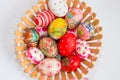 Easter eggs in wooden basket Royalty Free Stock Photo