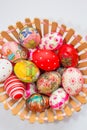 Easter eggs in wooden basket Royalty Free Stock Photo