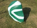 Colorful decorated stone just for show or decorum on green field.