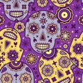 Colorful decorated sugar skull pattern in purple and yellow