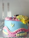 Colorful decorated themed birthday cake placed in the refrigerator