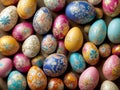 Colorful, decorated, vividly embellished and designed Easter eggs in a wooden bowl Royalty Free Stock Photo