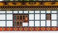 Colorful decorated walls and windows in Bhutanese style of The Royal Bhutanese Monastery in Bodh Gaya, Bihar, India