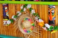 Colorful decoration Hawaii style wood background with flowers, masks, hat