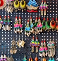 Colorful decoration for sale. Earrings handmade, Luang Prabang, Laos. Close-up.