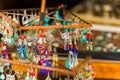 Colorful decoration for sale. Earrings handmade, Luang Prabang, Laos. Close-up.