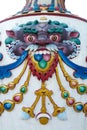 Colorful decorations and carvings at the Boudhanath stupa, Kathmandu, Nepal