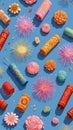 Colorful decorations and fireworks scattered on blue background for celebration, AI Generated Royalty Free Stock Photo