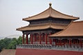 Colorful decorative ancient pavilion with ornamented ridge in Forbidden City, Beijing, China. Royalty Free Stock Photo