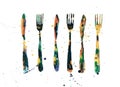 Cutlery. Forks and knives. Watercolour drawing.