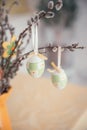 Colorful decorative easter eggs on a branch of fluffy willow fur seals. Happy easter. Postcards Royalty Free Stock Photo