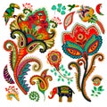 Colorful decorative elements. Paisley, decorative flowers, bird, elephant. Indian ornament