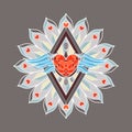 Colorful decorative mandala with a diamond heart and wings in the middle