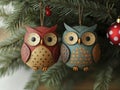Colorful decorative owls hanging on a Christmas tree, Generative AI Royalty Free Stock Photo