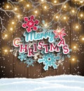 Colorful decorative text Merry Christmas on wooden background, illustration