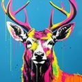 Vibrant Punk Art: Colorful Paint-splattered Deer On Blue Background