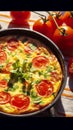 Colorful delicious Frittata. Very contrasty light is bringing the depth and vibrancy of this tasteful dish. Royalty Free Stock Photo