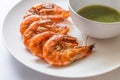 Colorful delicious grilled shrimp with spicy seafood sauce, Clo Royalty Free Stock Photo