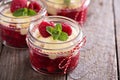 Colorful and delisious dessert in a jar berry cramble