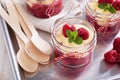 Colorful and delisious dessert in a jar berry cramble