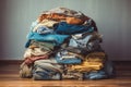 Laundry ironing background closeup clean cloth textile dirty fabric stack pile housework trousers blue