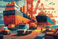 colorful depiction of a busy shipping yard with towering cranes and a fleet of trucks and containers in motion Royalty Free Stock Photo