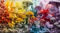 A colorful depiction of various types of fungi and their corresponding mycelium networks showcasing the diversity and