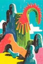 Colorful desert landscape with stylized cacti and vibrant shapes showcasing modern art influences