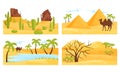 Colorful Desert Landscapes with Camel and Rocky Mountains Vector Scenes Set