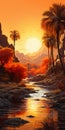 Colorful Desert Oasis: Palm Trees, Rivers, And Autumn Sunsets Royalty Free Stock Photo